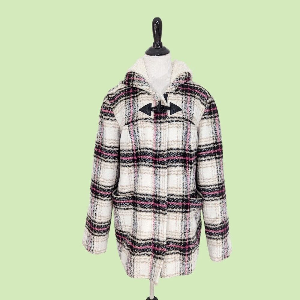 Thakoon Hooded Plaid Flannel Coat Jacket‎ Faux Sherpa Fur Lined Women's XL